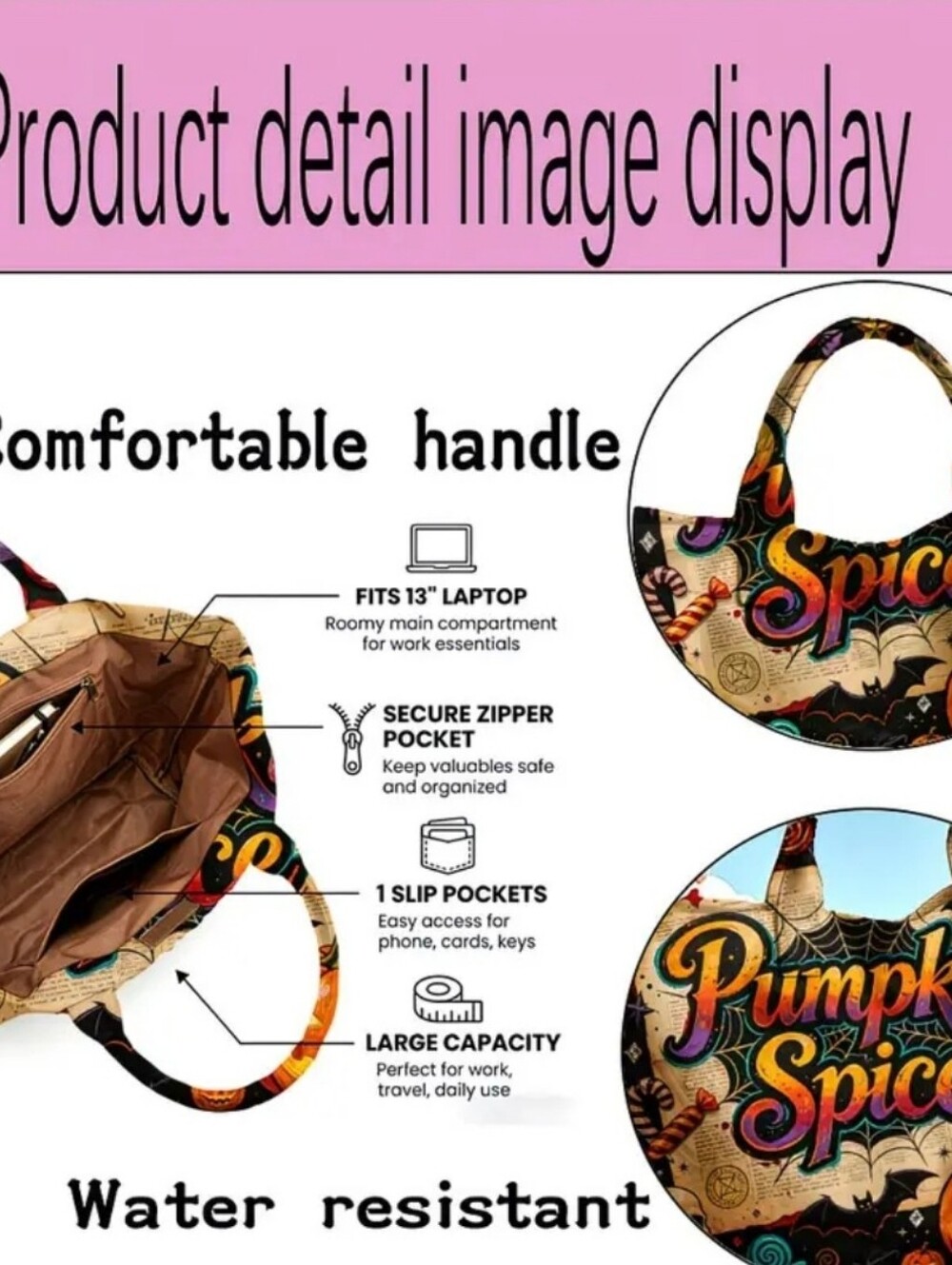 Pumpkin Spice Large Tote Hand Carry Bag - Picture 3 of 3